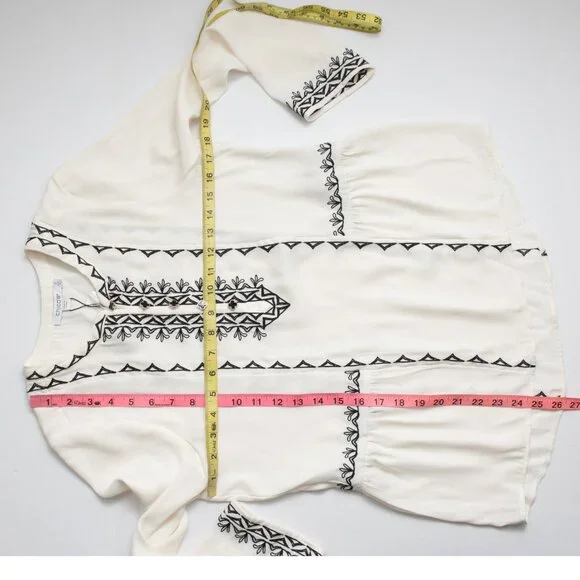 Chico's Satin Embroidered Blouse Bohemian Long Sleeve Off White Black Size 0 / 4 - Picture 6 of 6